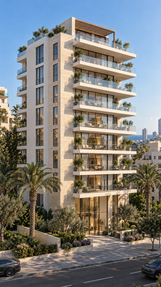 הדמיה סטטית של בניין מגורים לבן עם מרפסות, דקלים וים ברקע