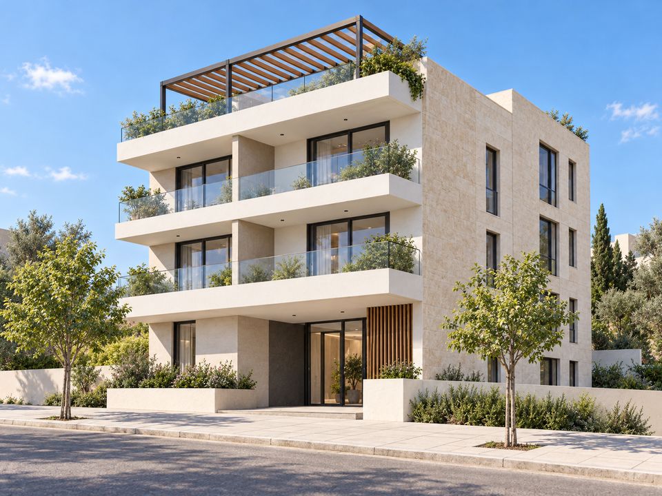 הדמיה פוטוריאליסטית של אותו בניין: טיח לבן, אבן ירושלמית ומרפסות זכוכית